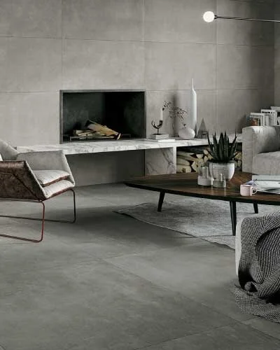 Large-format porcelain floor and wall tile in a contemporary interior
