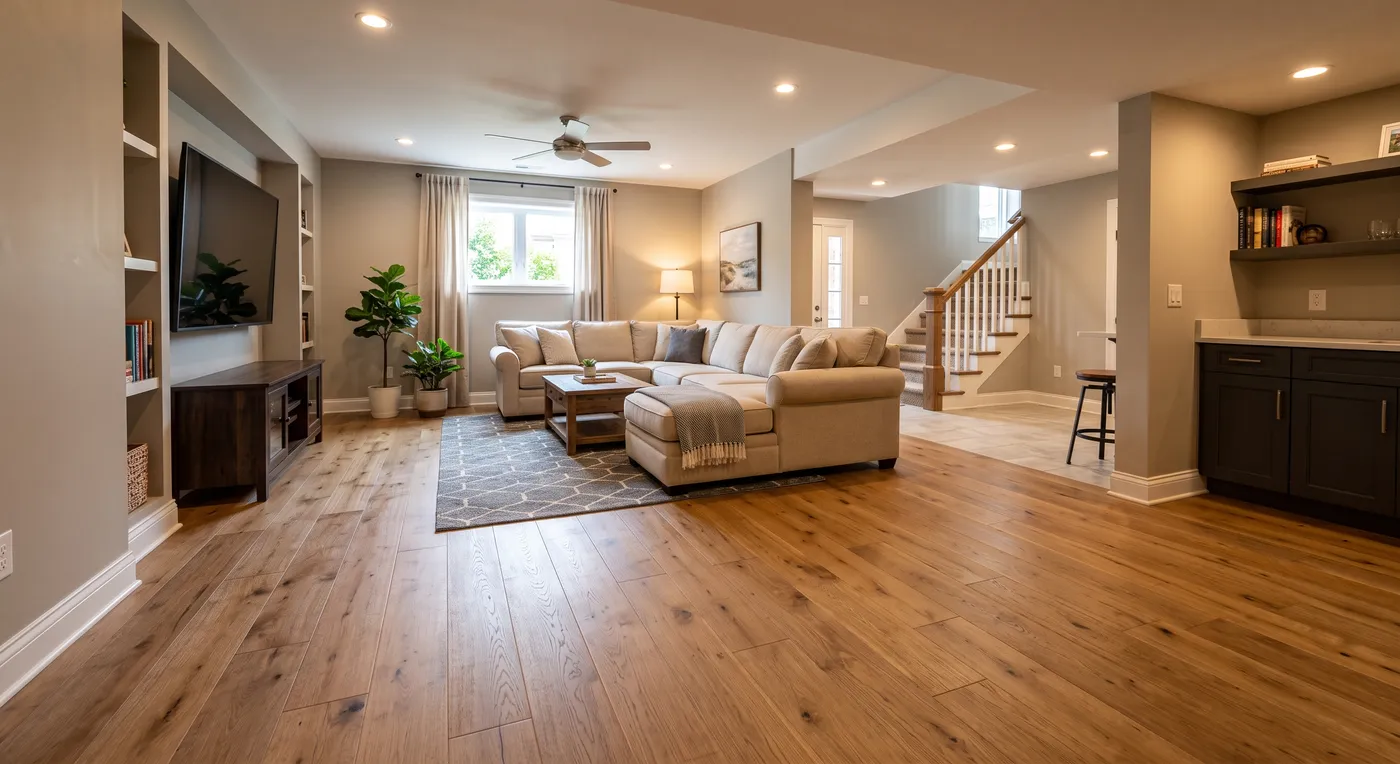 Engineered hardwood floor in a finished basement