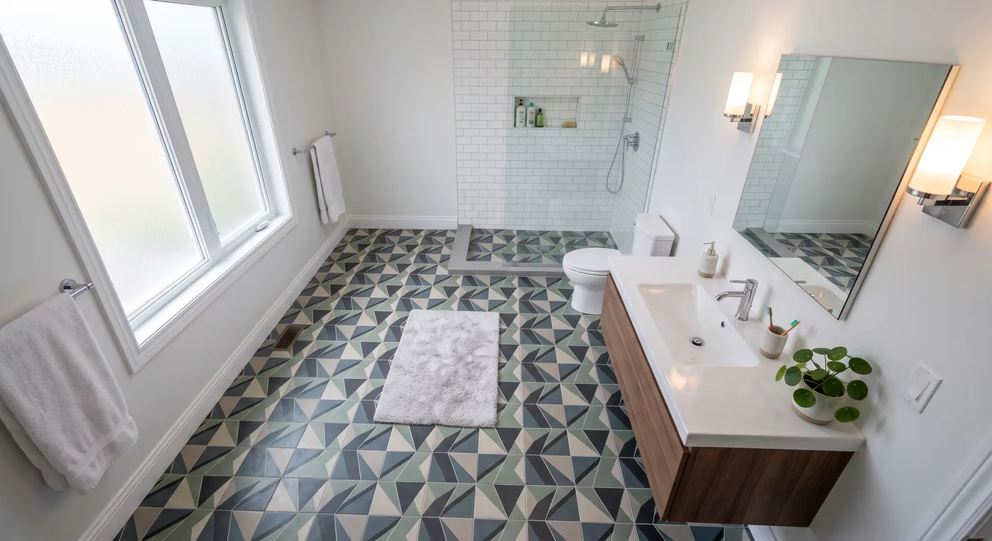 Patterned tile floor in a bathroom