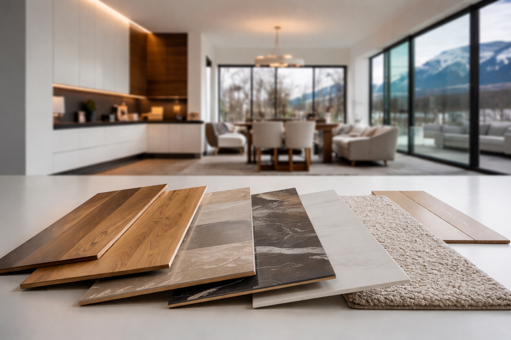 Flooring samples in a living room with mountain views