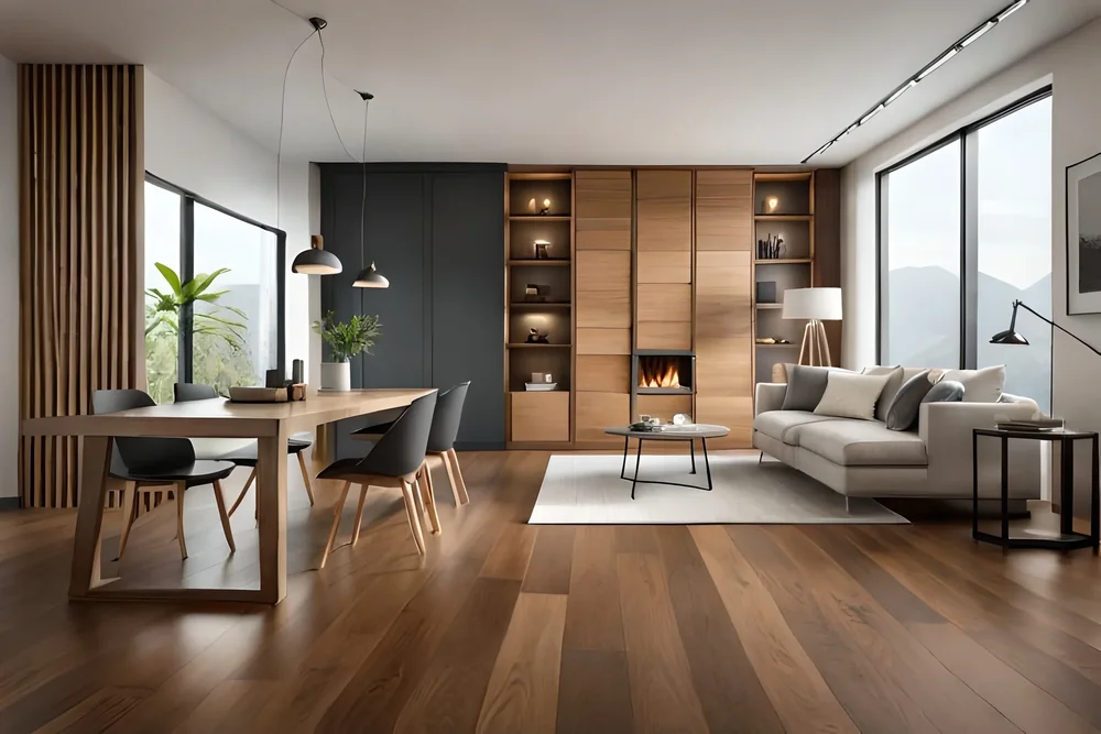 Open living and dining room with a wide-plank wood floor