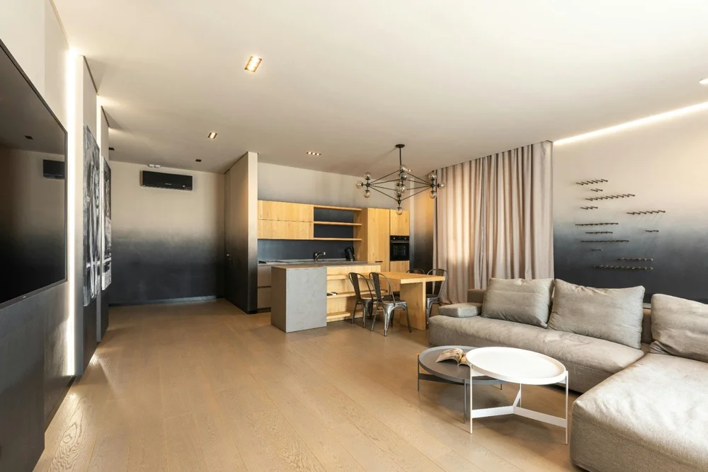 Open-plan living room and kitchen with a light wood floor