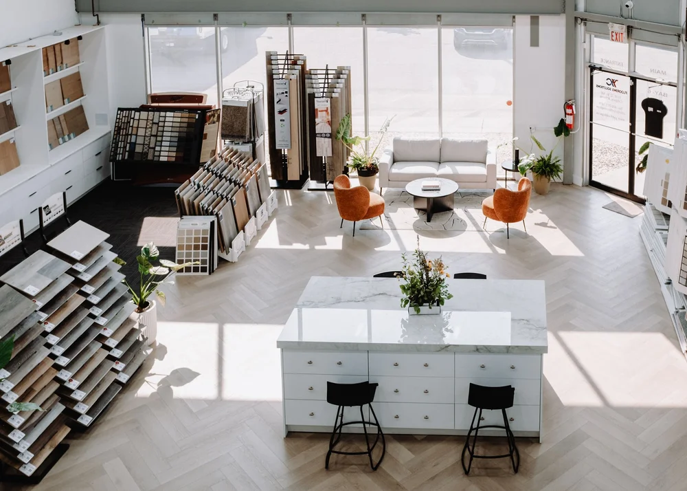 Flooring samples on display in a YYC Flooring Solutions showroom